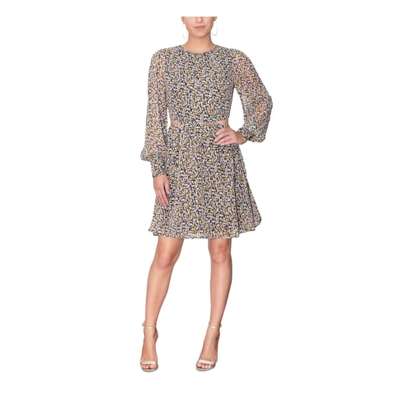 RACHEL RACHEL ROY Womens Black Zippered Lined Sheer Button Cuffs Cut Out Floral Long Sleeve Round Neck Above The Knee Fit + Flare Dress 12