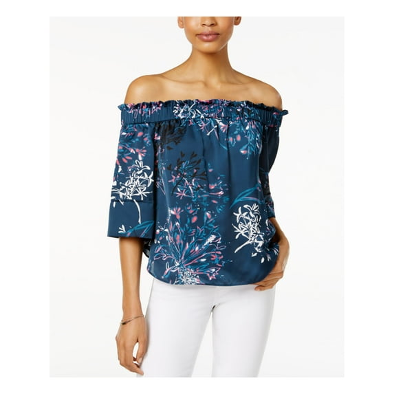 RACHEL RACHEL ROY Womens Blue Printed Short Sleeve Off Shoulder Top M