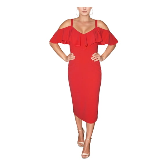 RACHEL RACHEL ROY Womens Red Zippered Ruffled Off The Shoulder V Neck Midi Party Sheath Dress S