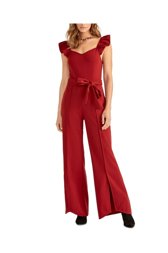 RACHEL ROY $129 Womens New Red Ruffled Cap Sleeve Wide Leg Belted Jumpsuit S B+B