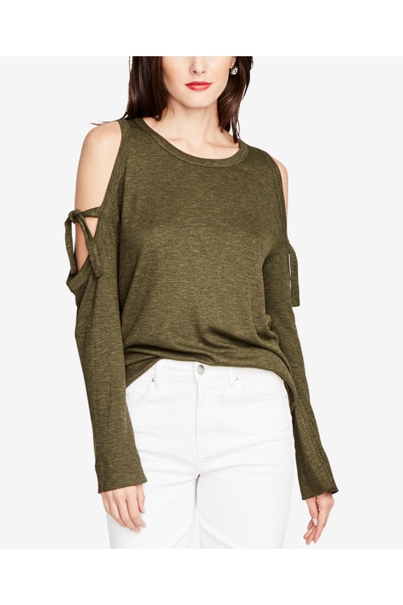 RACHEL ROY $59 Womens New 1559 Green Cold Shoulder Ribbed Long Sleeve Top M B+B