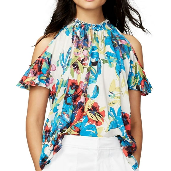 RACHEL ROY $89 Womens New 1159 Ivory Printed Cold Shoulder Bell Sleeve Top M B+B