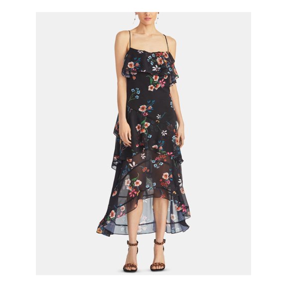 RACHEL ROY Womens Black Ruffled Floral Spaghetti Strap Square Neck Midi Hi-Lo Cocktail Dress Size L