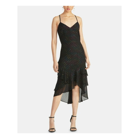 RACHEL ROY Womens Black Ruffled Polka Dot Spaghetti Strap V Neck Midi Hi-Lo Dress S