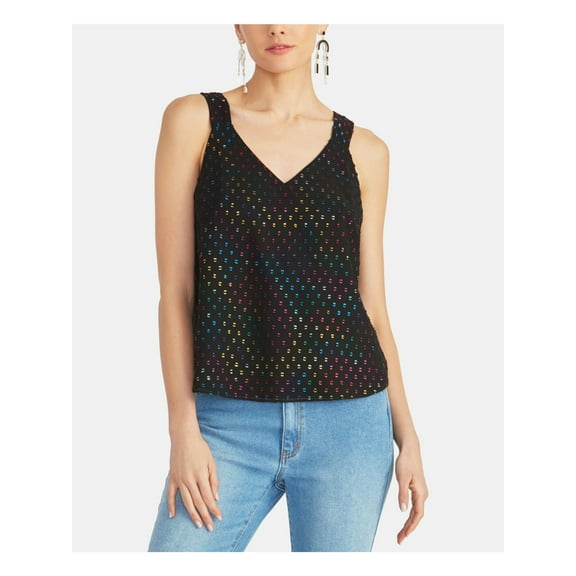 RACHEL ROY Womens Black Slitted Polka Dot Sleeveless V Neck Tank Top Size: XS
