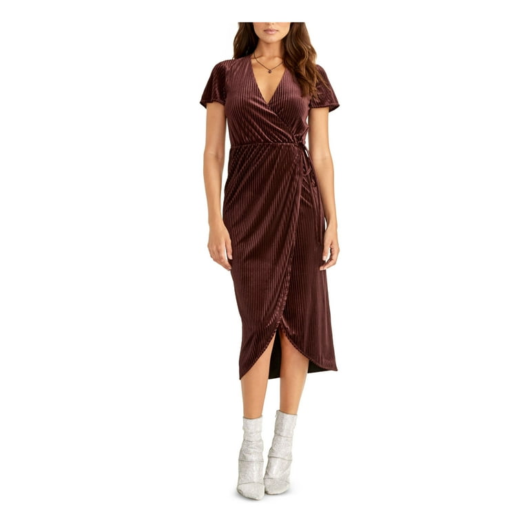 RACHEL ROY Womens Burgundy Short Sleeve V Neck Midi Cocktail Wrap