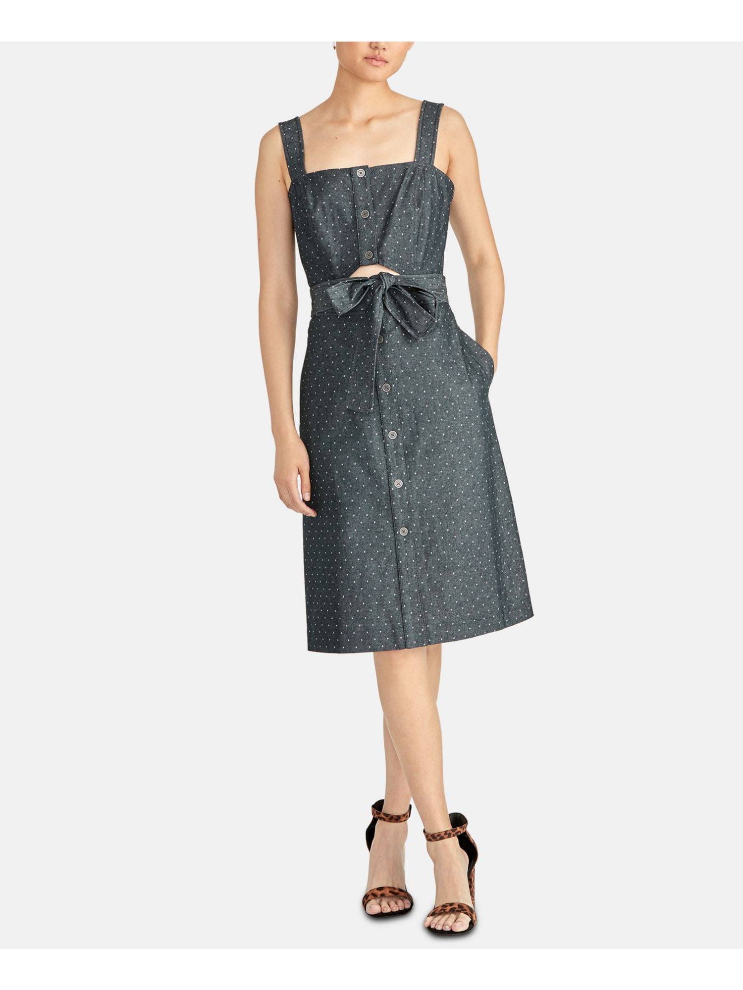 Gray Polka Dot Cotton Blend Sleeveless Belted Midi Dress