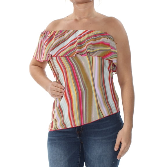 RACHEL ROY Womens Green One Shoulder Striped Short Sleeve Asymmetrical Neckline Top L