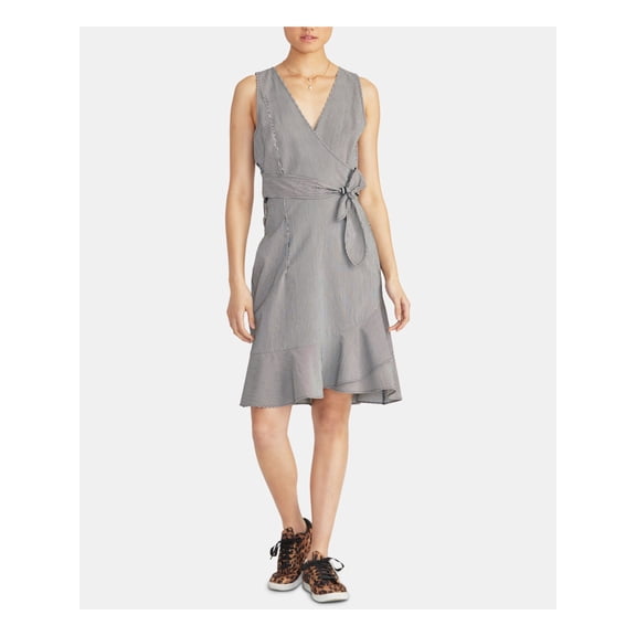 RACHEL ROY Womens Navy Belted Striped Sleeveless V Neck Below The Knee Faux Wrap Dress 2