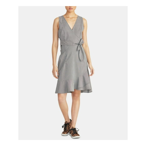 RACHEL ROY Womens Navy Belted Striped Sleeveless V Neck Below The Knee Faux Wrap Dress 2