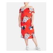 RACHEL ROY Womens Red Floral Short Sleeve Midi Shift Dress Plus Size 0X