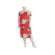 RACHEL ROY Womens Red Floral Short Sleeve Midi Shift Dress Plus Size 2X