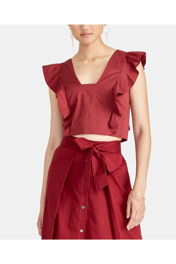 RACHEL ROY Womens Red Ruffled Flutter Sleeves Tie Back Square Neck Crop Top L