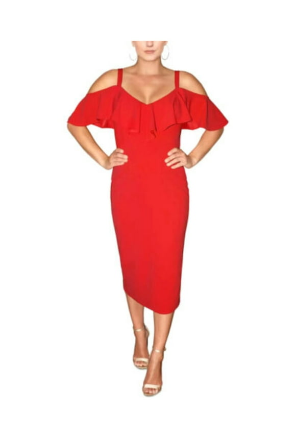 RACHEL ROY Womens Red Zippered Ruffled Off The Shoulder V Neck Midi Party Sheath Dress L