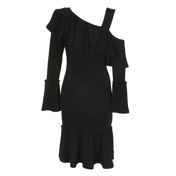RACHEL Rachel Roy Womens Black Long-Sleeve One-Shoulder Flounce Sheath Dress XS