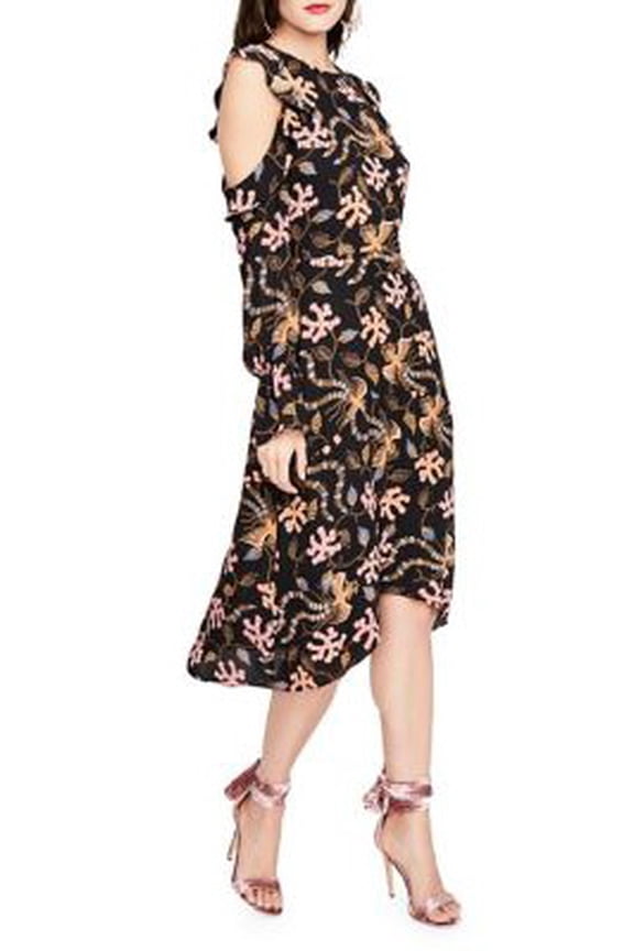Roy Womens Cold Shoulder Printed Ruffle Sleeve Midi