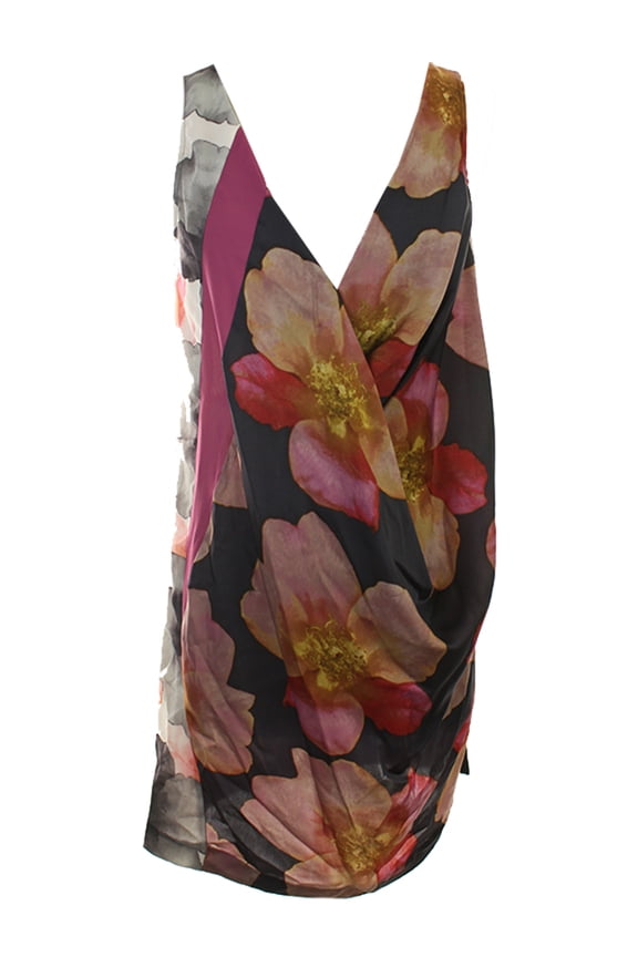 Roy Womens Multi Floral-Print Sleeveless Drape-Front Dress XS