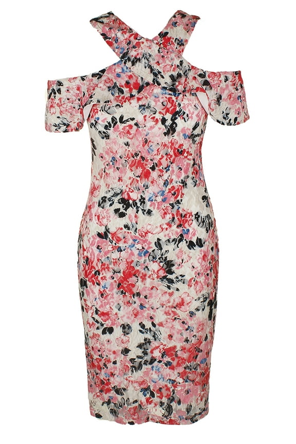 Roy Womens Pnik Multi Cold-Shoulder Floral Lace Sheath Dress 0