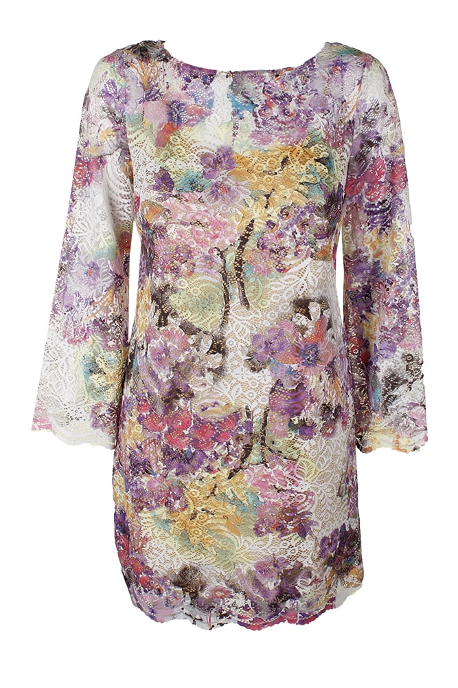 Rachel Rachel Roy Womens Purple Multi Long Bell-Sleeve Printed Lace Shift Dress 4
