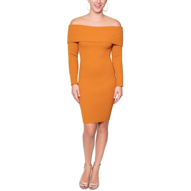 yellow off the shoulder sweater dress Women's Dusty yellow Fine-Knit Off-the-Shoulder Dress