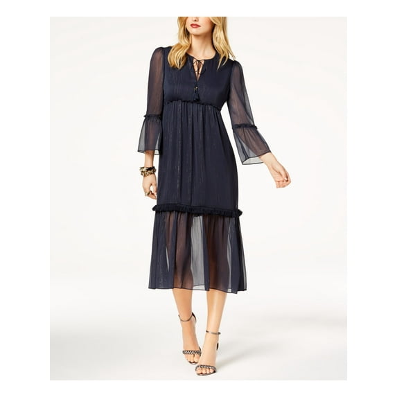 RACHEL ZOE Womens Navy Metallic Crinkle Chiffon 3/4 Sleeve Keyhole Midi Evening Dress Size: XL