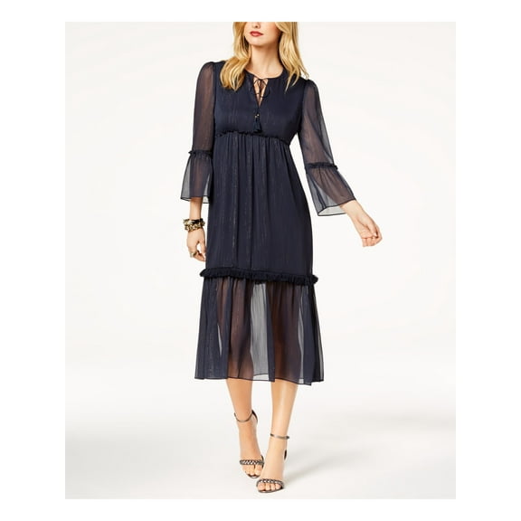 RACHEL ZOE Womens Navy Metallic Crinkle Chiffon 3/4 Sleeve Keyhole Midi Evening Dress Size: XL