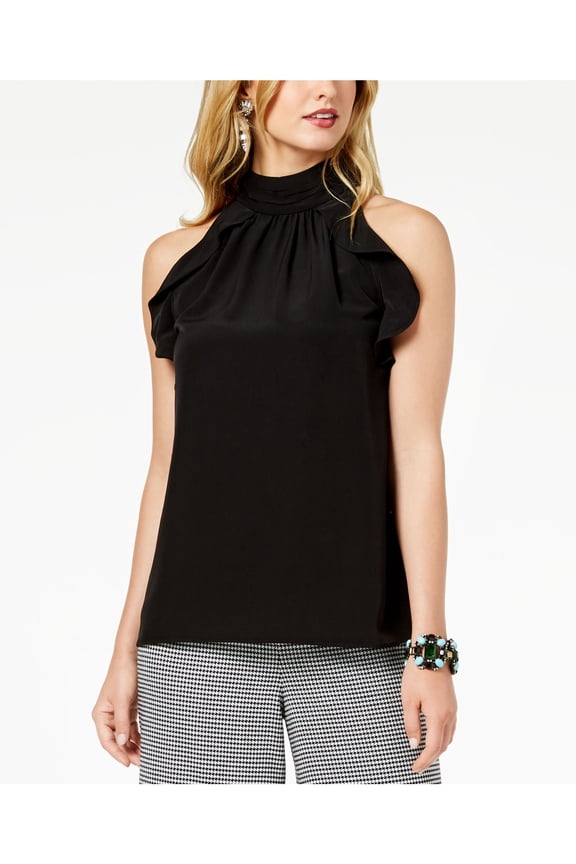 Womens Black Ruffled Mock Neck Sleeveless Casual Top L