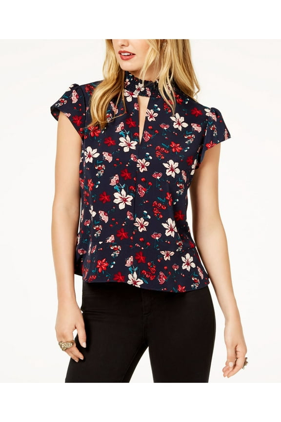 Womens Navy Floral Print Mock Neck Peplum Top S