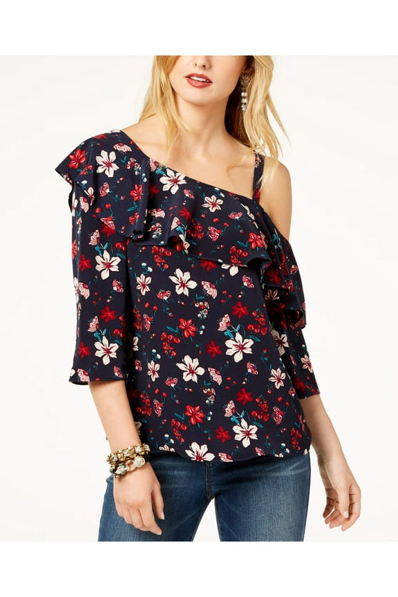 Womens Navy Floral Print One Shoulder Top L