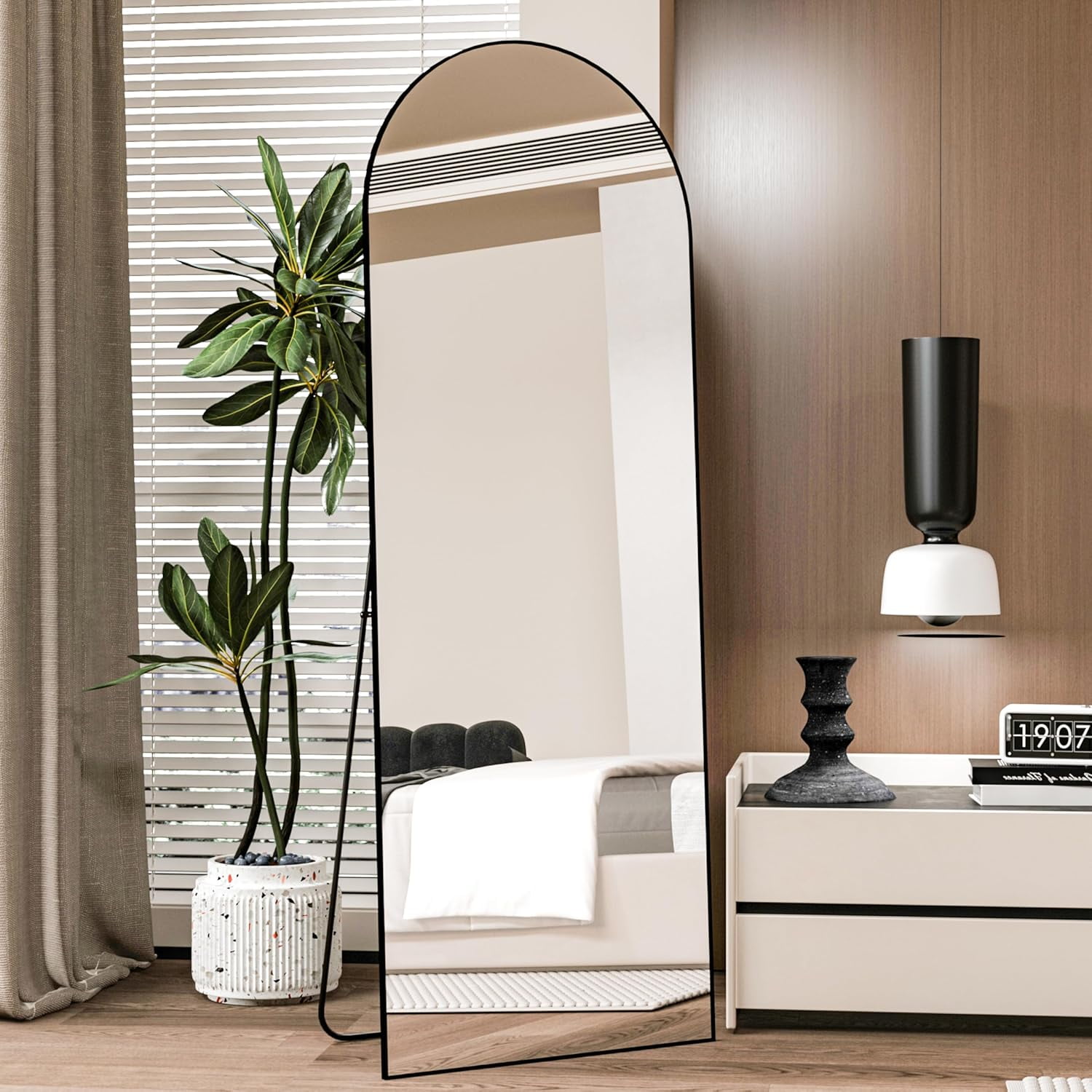Arched Black Full Length Floor Mirror with Wood Frame