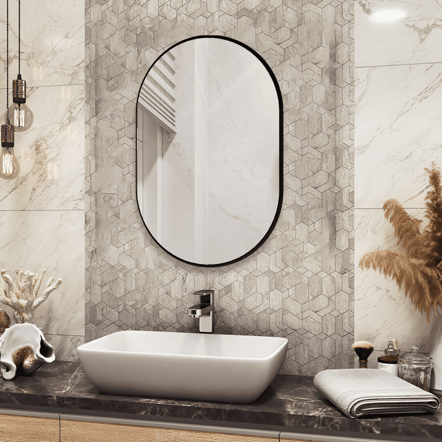 "RACHMADES Large Black 20""x30"" Oval Wall Mirror, Modern Horizontal Bathroom Mirror with Metal ...