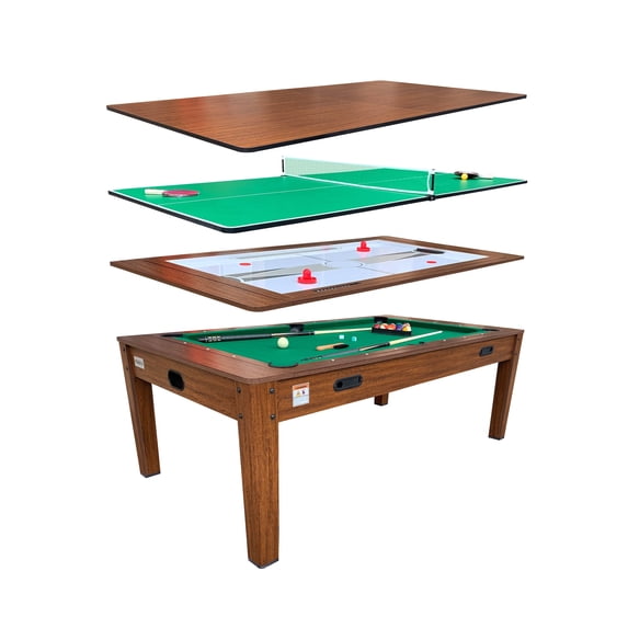 RACK Luxor 7.5 ft 4-in-1 Multi-Game Swivel Billiard Pool Table with green felt and brown body