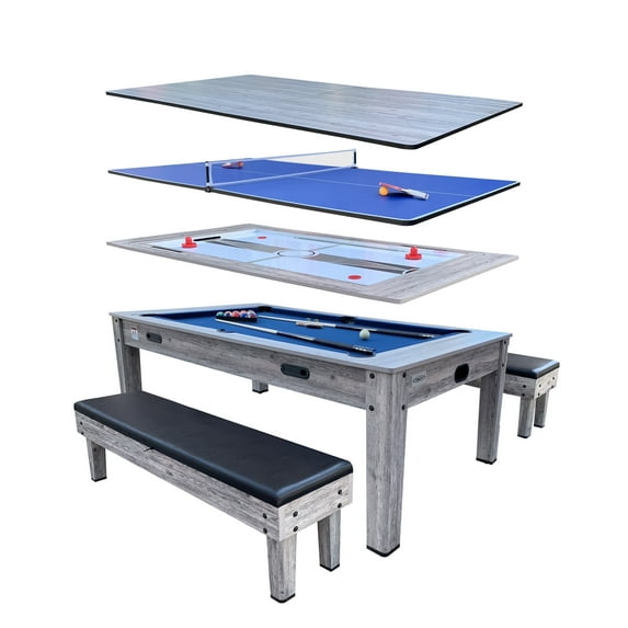 RACK Luxor 7.5-Foot 4-in-1 Multi-Game Swivel Billiard/Pool Table with Multiple Table Options (Blue Felt with 2 Bench)