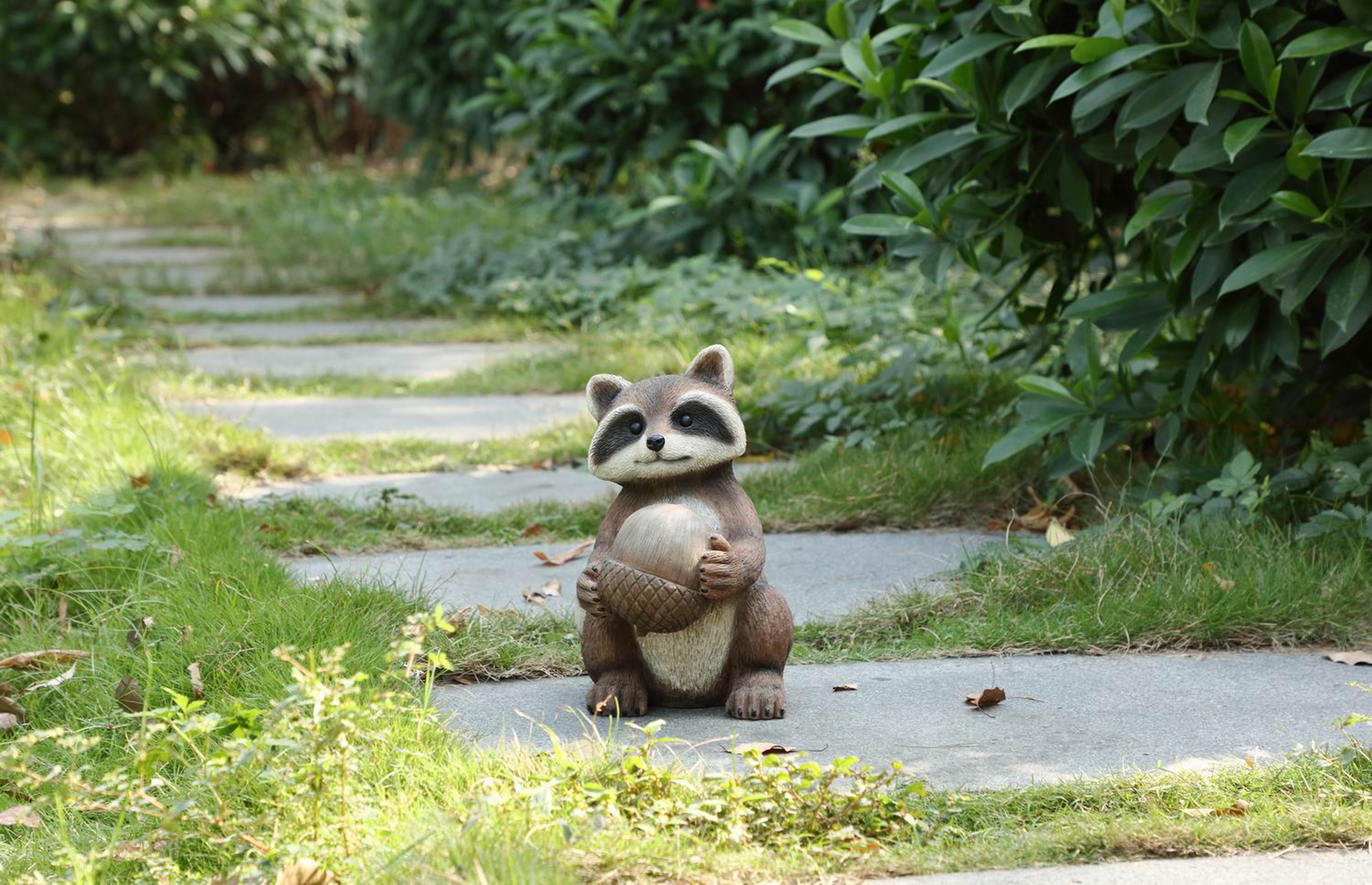 Adorable Polyresin Raccoon Holding Acorn Garden Statue