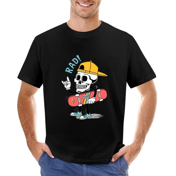 RAD Cartoon Skater Skull Vintage T-shirt Mens Cotton Classic Crewneck Short Sleeve Tees Unisex Black 2XL