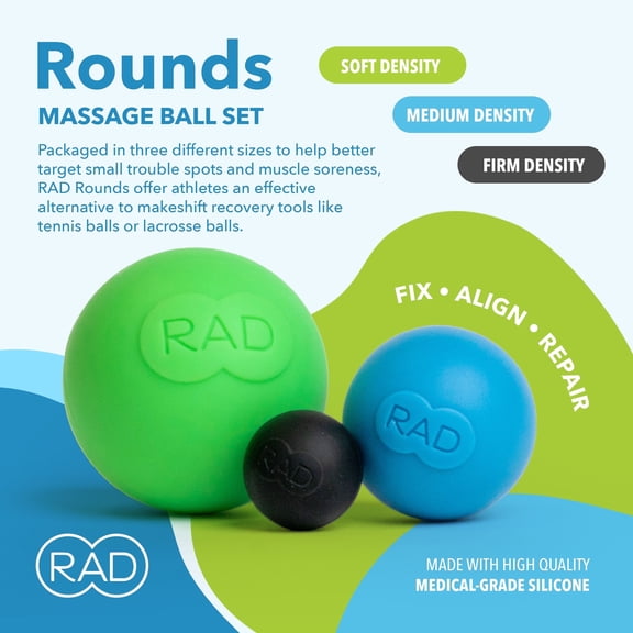 RAD Rounds Deep Tissue Massage Ball Set Myofascial Release Balls for Feet, Back, Neck, Jaw & Forearms Trigger Point & Mobility Therapy (3-Pack)