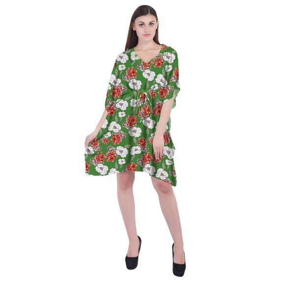 RADANYA Floral Print Women Short Knee Length Cover Ups Swimsuit Polyester Kaftan Beach Dress Green