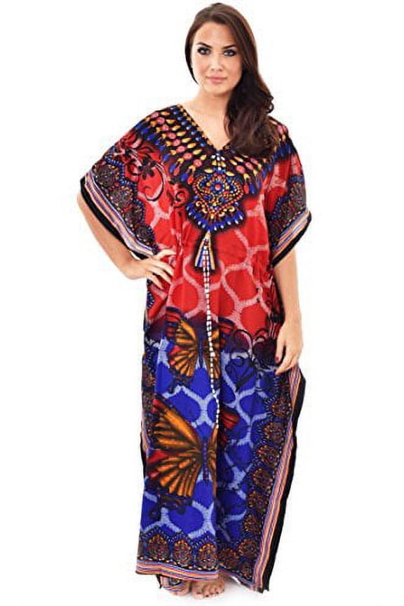 Womens Long Cool Kaftans Butterfly Print with Waist Tie Red