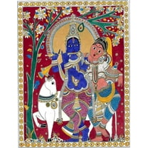 RADHA KRISHNA 2, KALAMKARI PAINTING, HAND PAINTED, WATERCOLOUR AND INK ON PAPER.