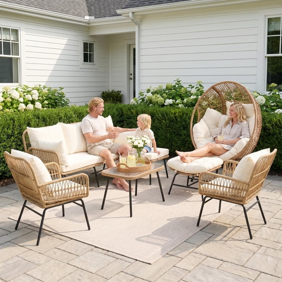 RADIAAT 6PCS Outdoor Patio Furniture Set, Boho Wicker Sectional Sofa with Egg Chair, 2 Armchairs, Ottoman & Glass Coffee Table, Beige Cushions, Conversation Set for Backyard Deck Porch Garden