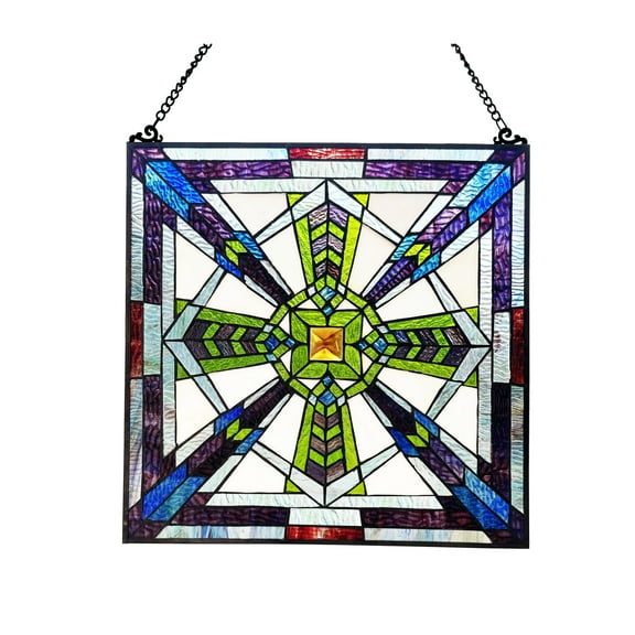 RADIANCE Goods Mission-Style Black Finish Stained Glass Window Panel 18" Tall