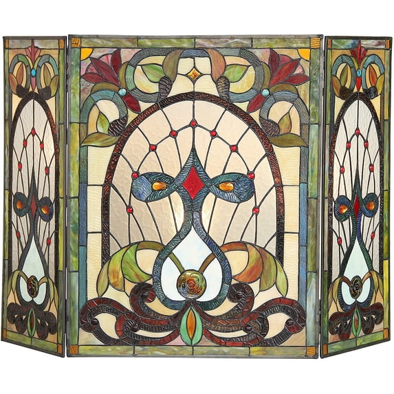 RADIANCE Goods Tiffany-Glass 3pcs Folding Victorian Fireplace Screen 44" Wide
