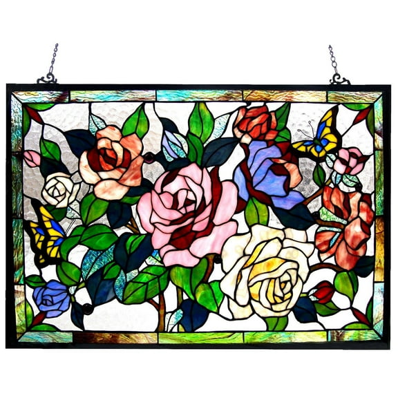 RADIANCE Goods Tiffany-Glass Featuring Roses & Butterflies Window Panel 27x19