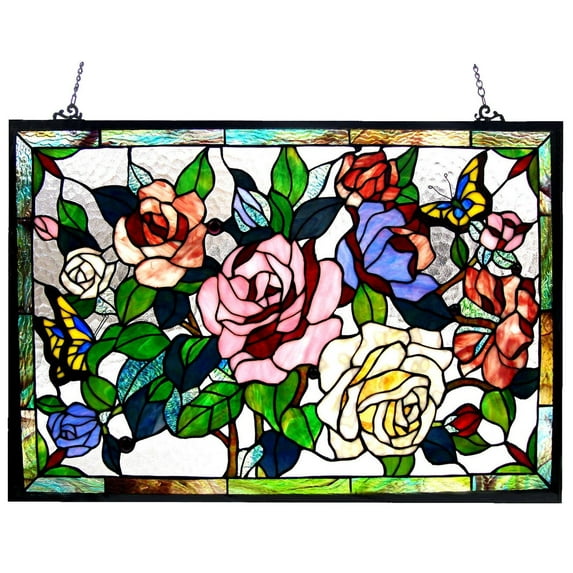 RADIANCE Goods Tiffany-Glass Featuring Roses & Butterflies Window Panel 27x19