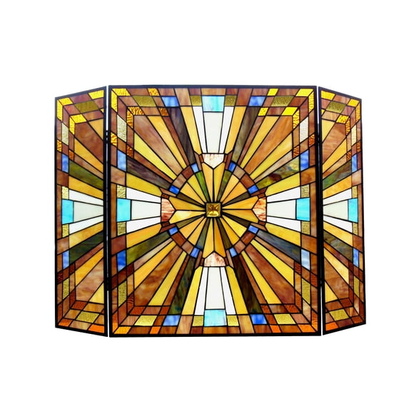 RADIANCE Goods Tiffany-Glass Mission 3pcs Folding Fireplace Screen 38" Wide
