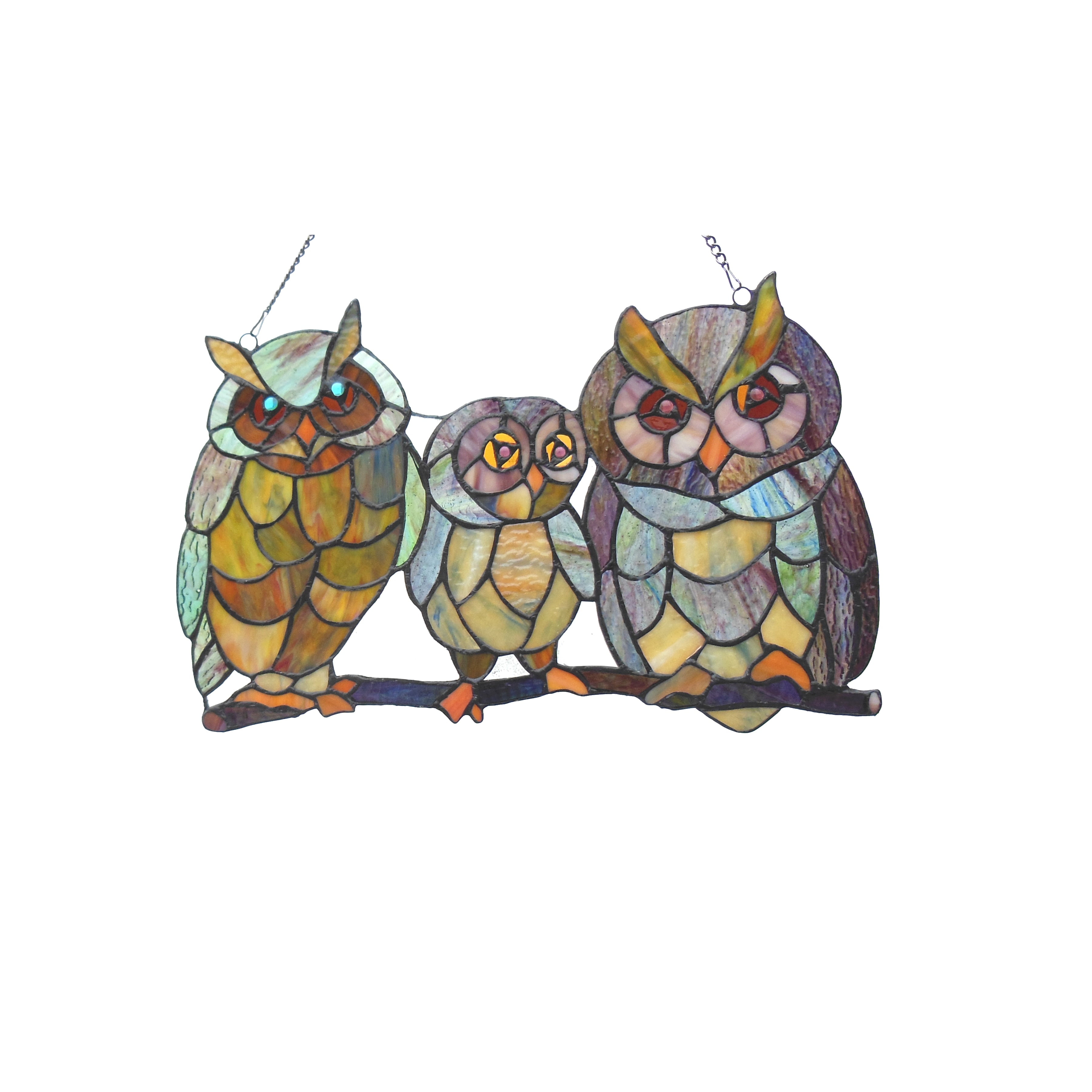 Tiffany-Style Multicolor Stained Glass Owl Family Window Panel