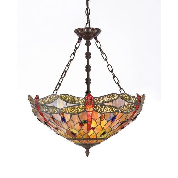 RADIANCE Goods Tiffany-Style 3 Light Dragonfly Inverted Ceiling Pendant Fixture 18" Shade