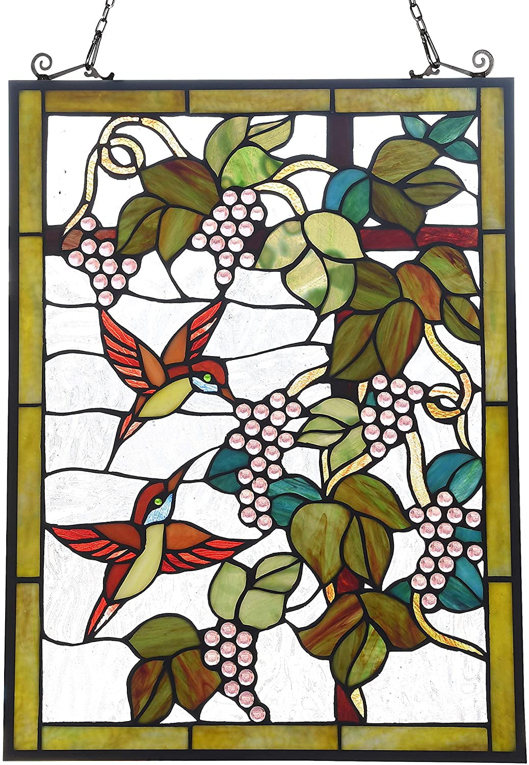 Vineyard Tiffany-Style Stained Glass Window Panel with Hummingbirds