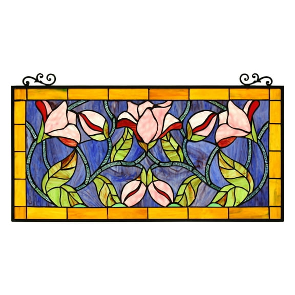 RADIANCE goods Tiffany-Style Floral Stained Glass Window Panel 34" Wide