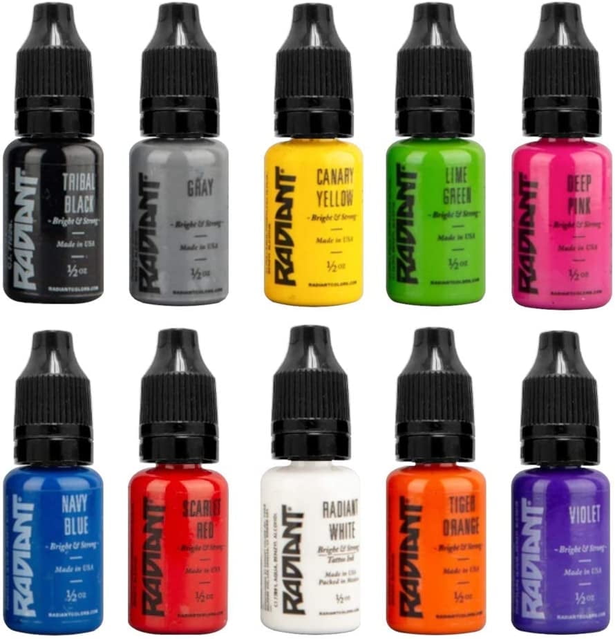 Radiant Color Ink RADIANT COLORS 10 Color Tattoo Ink Set 1/2oz Bottles Kit Pigment Made ...